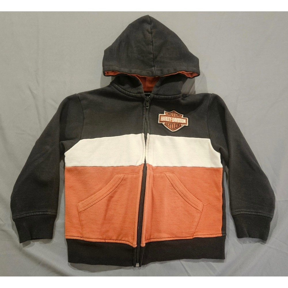 Harley-Davidson HD Zip Up Hoodie Kids Size 6/7 Black Orange Colorblock